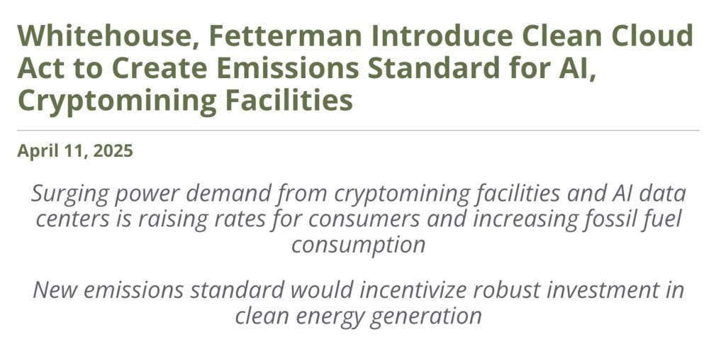Die Demokratische Partei schlug den „Clean Cloud Act“ vor US-amerikanische Bitcoin-Mining-Unternehmen und KI-Rechenzentren setzen auf grüne Energie: Bis 2035 keine CO2-Emissionen mehr ausstoßen Änderung des aktuellen „Clean Air Act“ (Clean Air Act). Künftig müssen alle Rechenzentren mit einer Energiekapazität von mehr als 100 Kilowatt (kW), einschließlich Kryptowährungs-Mining-Farmen und KI-Rechenzentren, regionalspezifische Emissionsobergrenzen einhalten. </p><p>Die Standards für diese Obergrenzen basieren auf den Merkmalen verschiedener Stromregionen, wie sie in der vom US-Energieministerium veröffentlichten National Transmission Requirements Study definiert sind. Dies bedeutet, dass Anlagen in verschiedenen Regionen unterschiedlichen Emissionsminderungsbelastungen ausgesetzt sind, wobei die Unterschiede in den Energiestrukturen und Stromnetzen in den einzelnen Regionen berücksichtigt werden. </p><p>Der Gesetzentwurf sieht vor, dass <strong>spezifische Emissionsobergrenzen für jede Region bis Ende 2025 festgelegt werden. Danach wird die Obergrenze jedes Jahr um 11 % gesenkt, bis im Jahr 2035 Nullemissionen erreicht werden. </strong>Für Unternehmen, die die Emissionsobergrenze nicht einhalten, werden inflationsbereinigte Bußgelder auf der Grundlage ihrer überschüssigen Emissionen verhängt. </p><p>Es ist erwähnenswert, dass der Entwurf den betroffenen Unternehmen auch ausdrücklich verbietet, diese Bußgeldkosten an ihre Kunden weiterzugeben, wodurch sichergestellt wird, dass die Unternehmen selbst Verantwortung für die Umwelt übernehmen. </p><h3>Strenge Berichtspflichten und Verantwortlichkeiten</h3><p>Neben der Verpflichtung der relevanten Einrichtungen, detaillierte Jahresberichte vorzulegen, muss der Bericht auch Schlüsseldaten wie ihren Gesamtstromverbrauch und ihre Stromquellen (Verhältnis von erneuerbaren Energien und fossilen Brennstoffen) enthalten. </p><p>Ein bemerkenswertes Detail ist, dass der Gesetzentwurf die Verantwortung für die Zahlung von Bußgeldern dem „Mieter der gemieteten Einrichtung“ und nicht dem Eigentümer der Einrichtung überträgt. Dies bedeutet, dass auch Einzelpersonen oder Unternehmen, die Serverraum für Mining oder KI-Computing mieten, von den Meldepflichten und möglichen Bußgeldern betroffen sein können, was den Geltungsbereich des Gesetzentwurfs erweitert. </p><p>Positiv zu vermerken ist, dass die Verabschiedung des Gesetzentwurfs Cloud-Dienstleister und Rechenzentrumsbetreiber dazu veranlassen wird, aktiver nach Ökostromlösungen zu suchen, um Kunden anzuziehen, die auf Umweltvorschriften achten. Für kleinere Akteure könnte dies jedoch eine größere Herausforderung darstellen, da ihnen möglicherweise die Ressourcen größerer Unternehmen fehlen, um die Energiewende durchzuführen oder komplexe regulatorische Compliance-Anforderungen zu bewältigen. </p><h3>Die Kryptowährungs-Mining-Industrie hat einen großen Teil erneuerbarer Energien übernommen</h3><p>Laut Statistiken vom Ende letzten Jahres stammen mehr als 50 % der vom globalen Bitcoin-Mining-Netzwerk verbrauchten Energie tatsächlich aus erneuerbaren Energiequellen wie Wasser, Wind und Sonnenenergie. Regionen mit reichlich vorhandener und günstiger grüner Energie, wie Island und Quebec, Kanada, sind zu beliebten Optionen für Bergleute geworden. </p><p>Wenn der „Clean Cloud Act“ tatsächlich in Zukunft verabschiedet wird, werden Bergbauunternehmen und KI-Rechenzentren zweifellos das Tempo der Einführung erneuerbarer Energien beschleunigen und möglicherweise diejenigen Unternehmen aus dem Verkehr ziehen, die nicht in der Lage oder nicht bereit sind, sich anzupassen. </p><p>Insgesamt handelt es sich bei dem Entwurf um einen recht aggressiven Zeitplan zur Emissionsreduzierung, der relevante Unternehmen dazu zwingt, Energiewendestrategien so früh wie möglich zu planen. Allerdings hat er im Kontext der Trump-Regierung wiederholt erklärt, dass die globale Erwärmung nichts mit Kohlenstoffemissionen zu tun habe. Dieser Gesetzentwurf wird zwangsläufig auf den Widerstand der Republikaner im Kongress stoßen (die Republikaner könnten argumentieren, dass zu strenge Umweltvorschriften Innovationen ersticken und die Wettbewerbsfähigkeit der Vereinigten Staaten in den beiden Grenzbereichen Kryptowährung und KI schwächen werden). Ob es in Zukunft verabschiedet wird, ist noch ungewiss. </p>